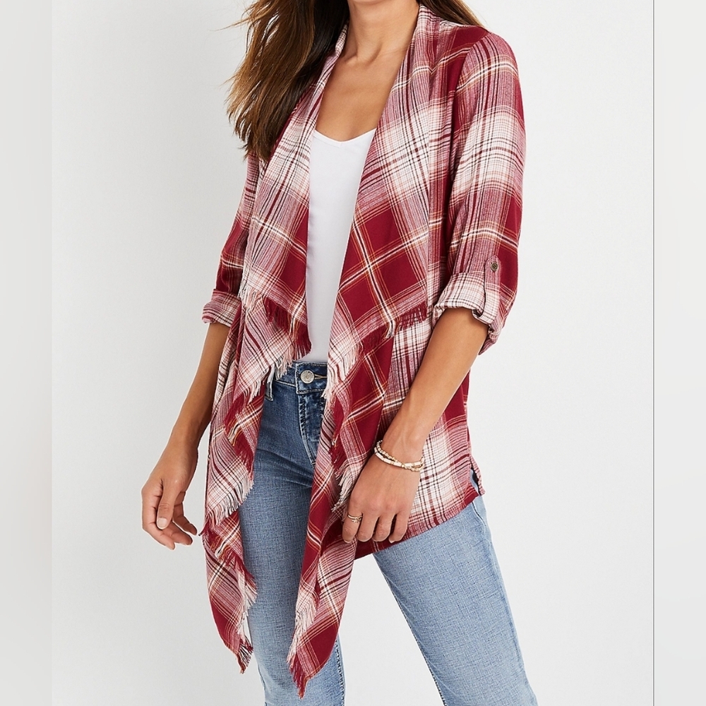2 Pieces, Plaid Cascade Frayed Kimono, Cream Tank w/Lace Trim Included, Sz L/XL